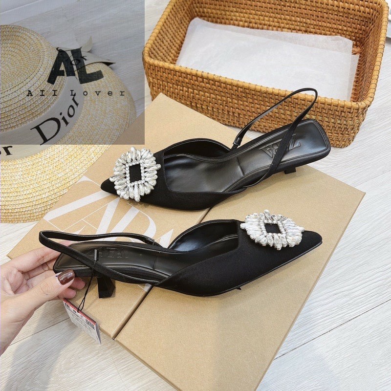 SỤC NỮ HIỆN ĐẠI ALI LOVER -  GUỐC NỮ MŨI NHỌN HỞ HẬU ĐÍNH ĐÁ - GIÀY THỜI TRANG QUAI THUN 3-4 PHÂN  - AG220806