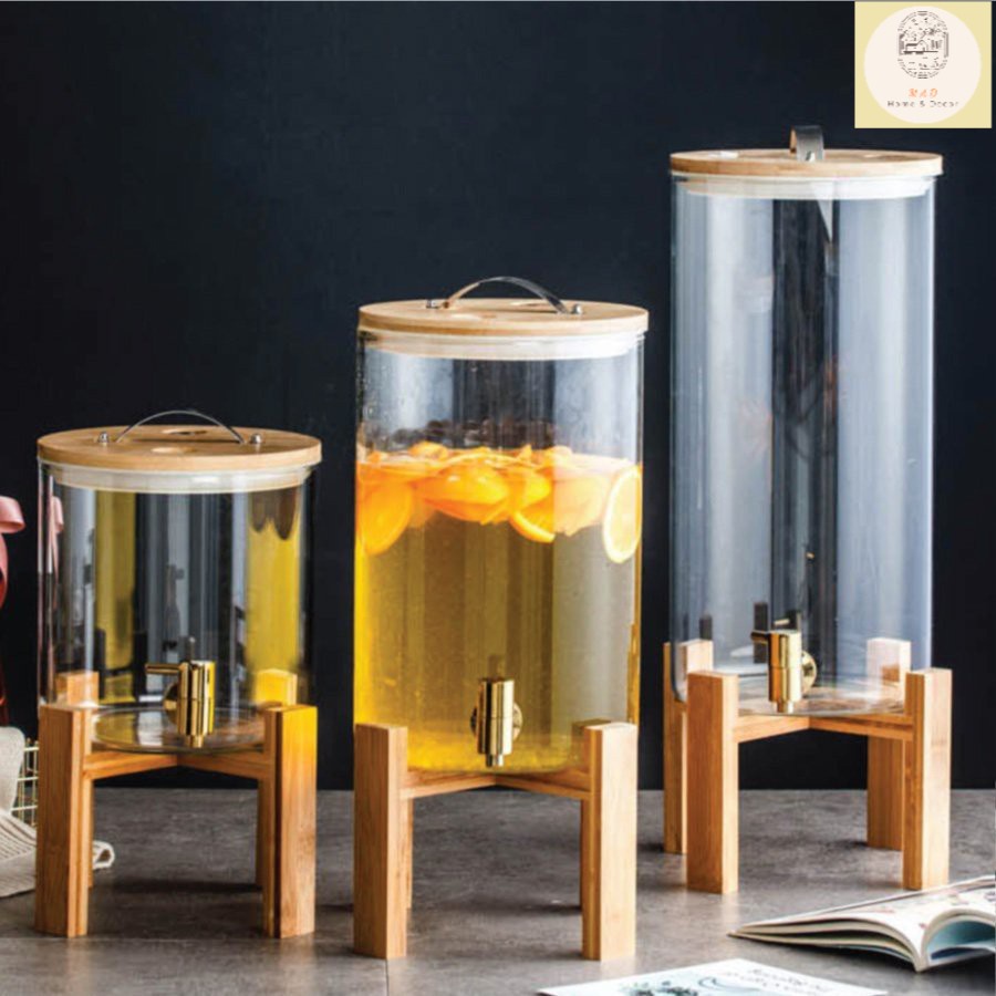 Bình thủy tinh, Bình nước Detox kèm kệ gỗ có vòi vặn tiện lợi - Thủy tinh BOROSILICATE Chịu Nhiệt, Chịu Lực