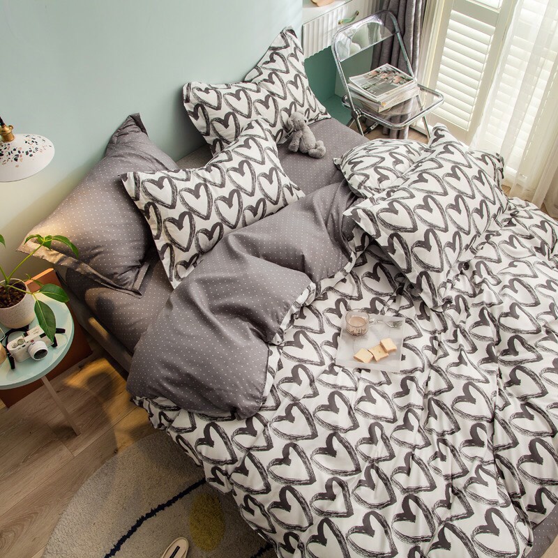 Bộ vỏ chăn ga gối 4 món Cotton Poly tim sơn mài trắng đen