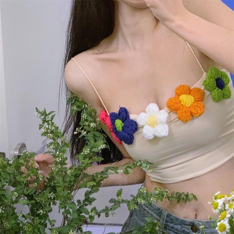 [HOT] ÁO HAI DÂY CROTOP ĐÍNH HOA LEN, ÁO HOA LEN MÓC SIÊU DỄ THƯƠNG blossom AHO203