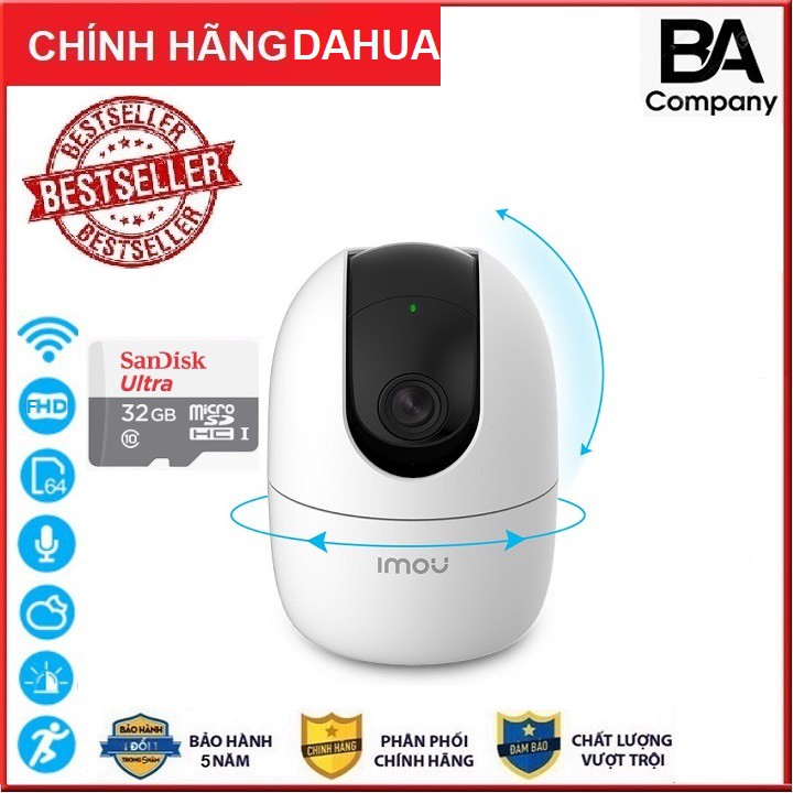 Camera Wifi Dahua IMOU - A22EP 2.0Mpx (1080P) Full HD Còi Hú Báo Động Thẻ 32GB Sandisk chuyên dụng