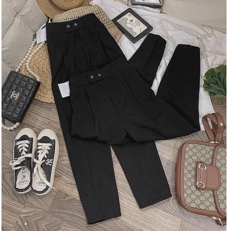Quần tây nữ đi học lưng cao dáng dài màu đen ống đứng đáy cao kiểu Quần baggy nữ công sở 2 khuy cúc lệch vải dày dặn mềm