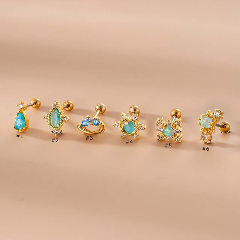 1 Đôi Bông Tai Thép Không Gỉ Đính Đá Zircon Xanh 20Gauge