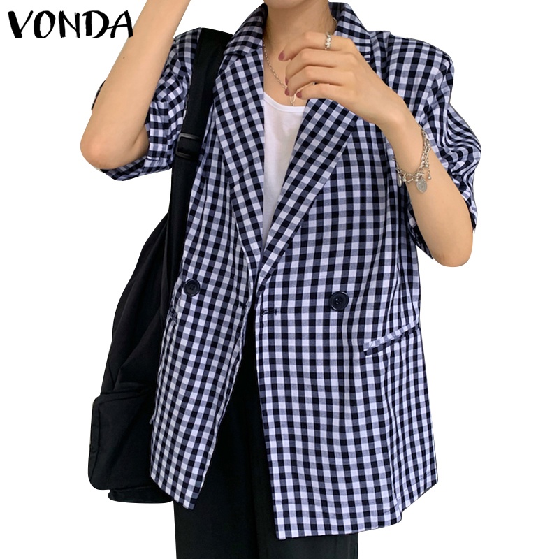 Áo khoác blazer VONDA ngắn tay họa tiết sọc caro phong cách Hàn Quốc