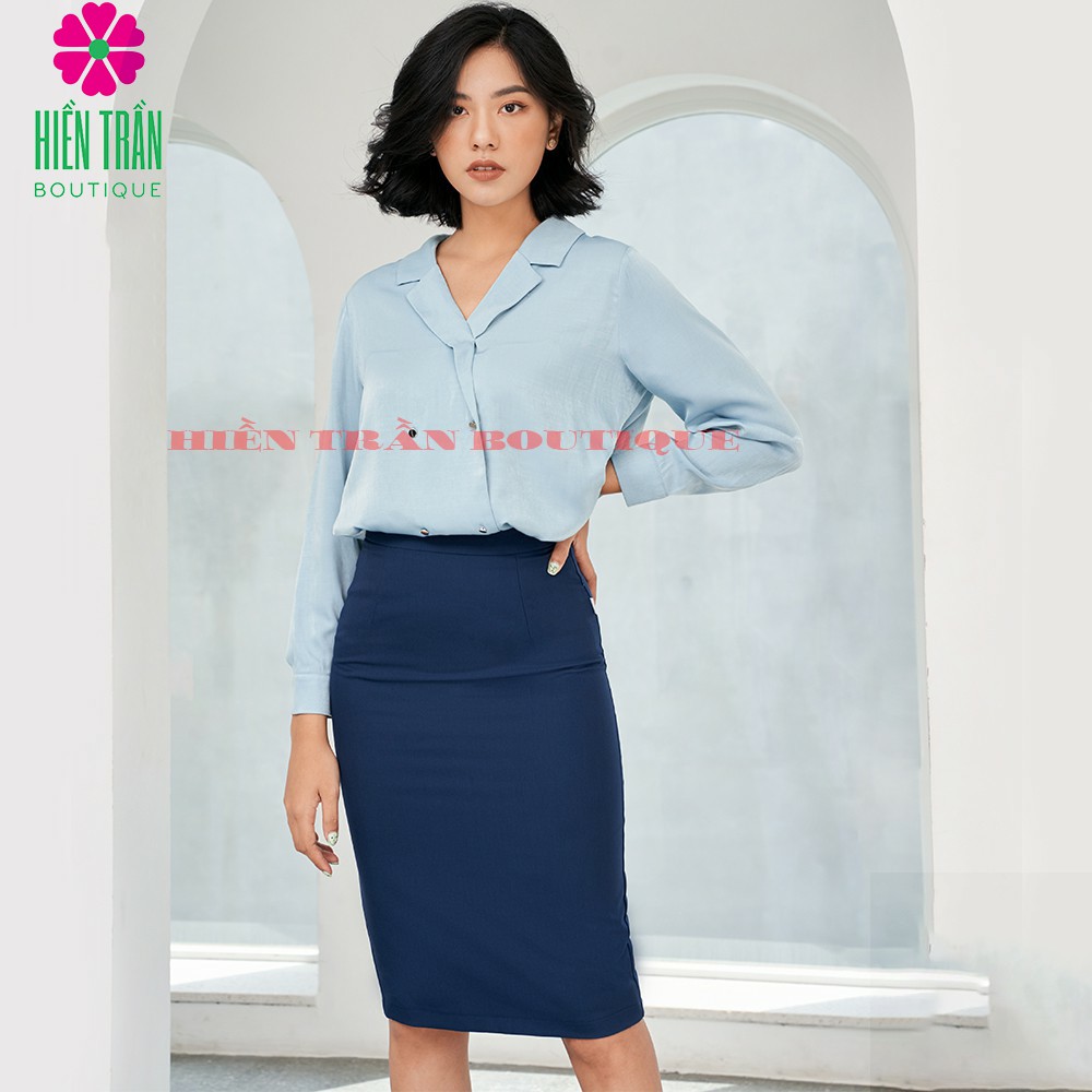 Chân váy bút chì cạp cao Hiền Trần BOUTIQUE màu XANH, có lớp lót, chân váy công sở form chuẩn, mặc tôn dáng, xẻ sau | BigBuy360 - bigbuy360.vn