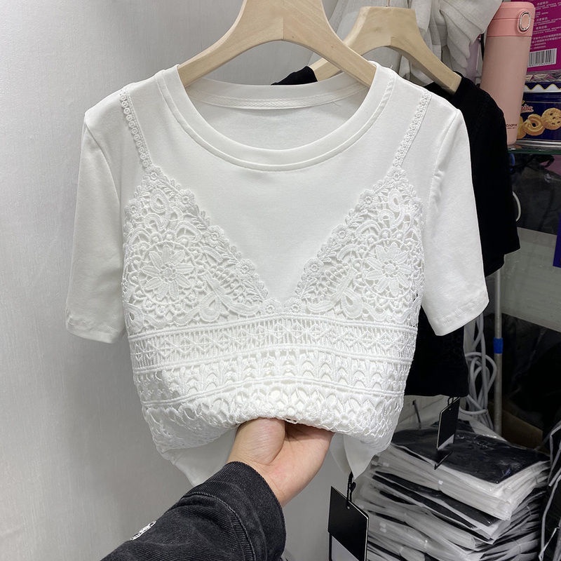 Áo thun tay ngắn cổ tròn thêu ren bằng cotton kiểu mùa hè 2022 thanh lịch cho nữ