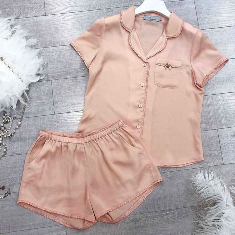 Bộ đồ pijama lụa, bộ lụa Cộc Đùi viền bèo nơ túi xinh xắn