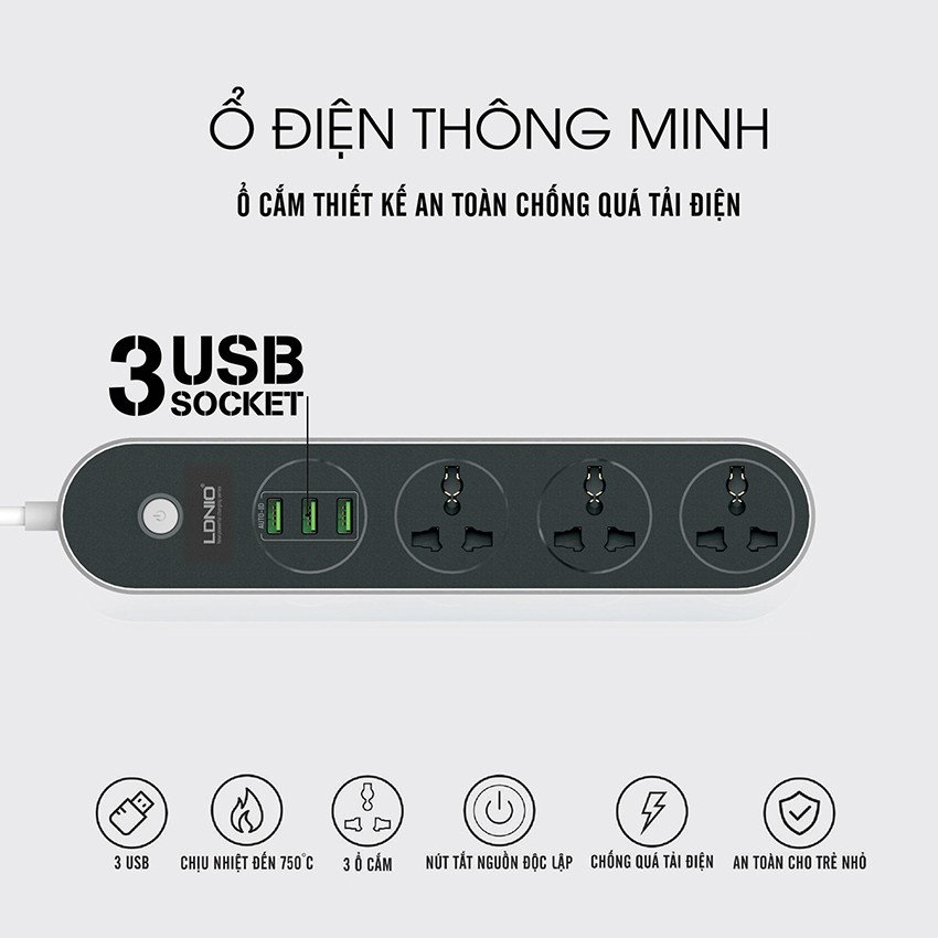 Ổ điện đa năng 3 cổng USB sạc nhanh Q 3.0 - Ổ điện cho điện thoại máy tính, laptop - LDNIO - Chính Hãng