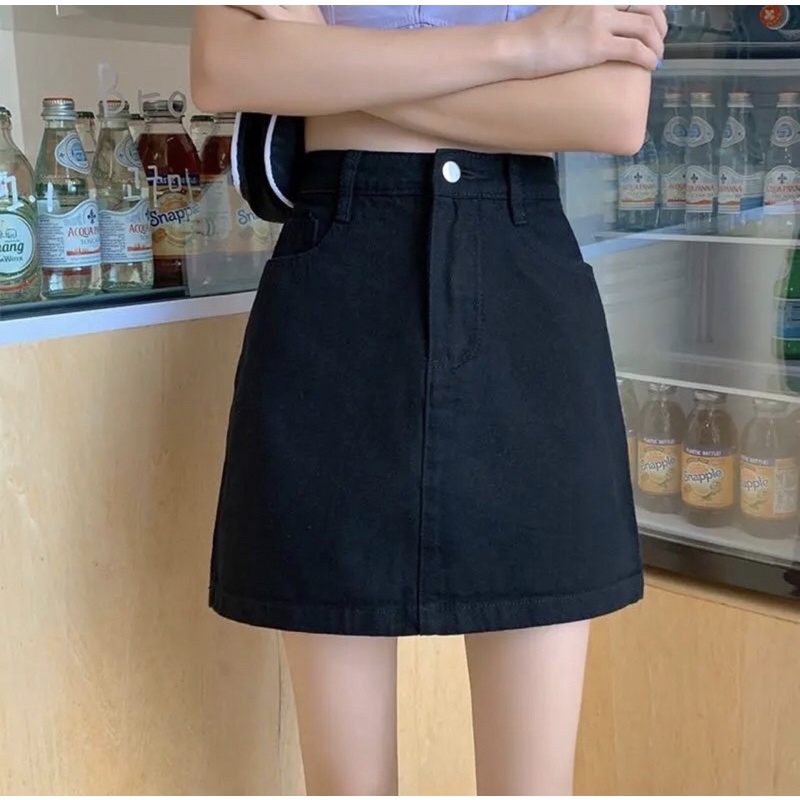 Chân váy jean, chân váy bò nữ màu đen cạp cao dáng chữ A có cúc dễ phối đồ, mặc hàng ngày phong cách trẻ trung năm động