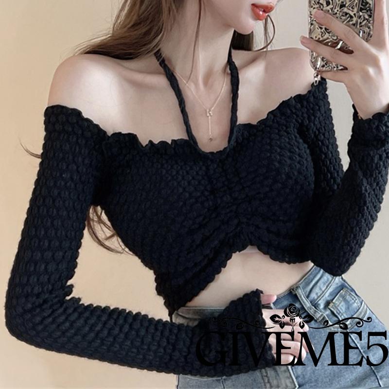 Áo croptop tay dài trễ vai màu sắc trẻ trung cho nữ