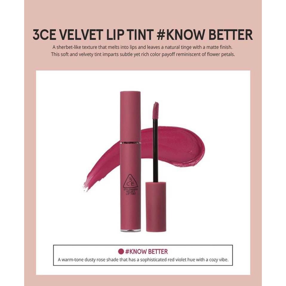 Son kem lì 3CE Velvet Lip Tint #Know Better (Đỏ tía)