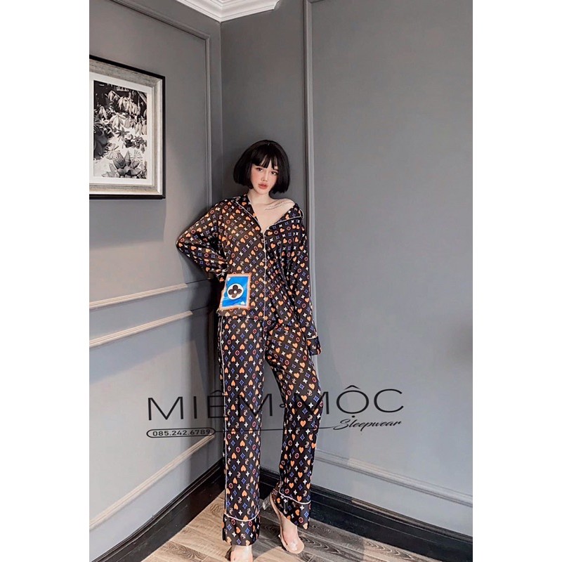 Đồ Bộ Mặc Nhà Pijama Nữ Dài Tay Cổ Bèo Dễ Thương - Đồ Ngủ Lụa Quảng Châu Cao Cấp