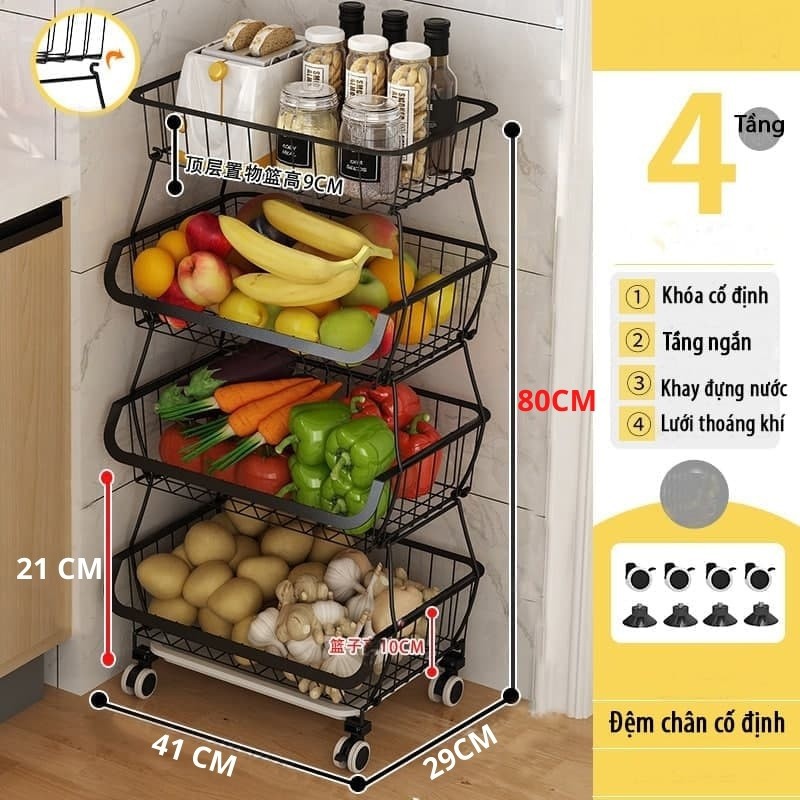 Kệ đựng hoa quả 2,3,4 tầng có bánh xe di chuyển và cố định, xe đẩy rau củ có khớp nối đa năng bằng thép không gỉ | BigBuy360 - bigbuy360.vn