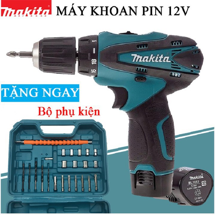 Máy khoan pin makita 12V – KHOAN – BẮT VÍT – VẶN ỐC tặng kèm hộp 24 chi tiết _ Nhật Việt official .