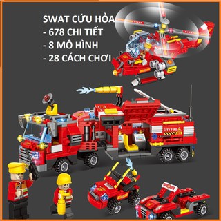 Bộ lego lắp ráp xếp hình biệt đội swat cứu hỏa gồm xe chuyên dụng, máy bay, trực thăng