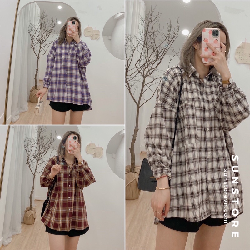 Áo khoác sơ mi form rộng kẻ caro 4 màu