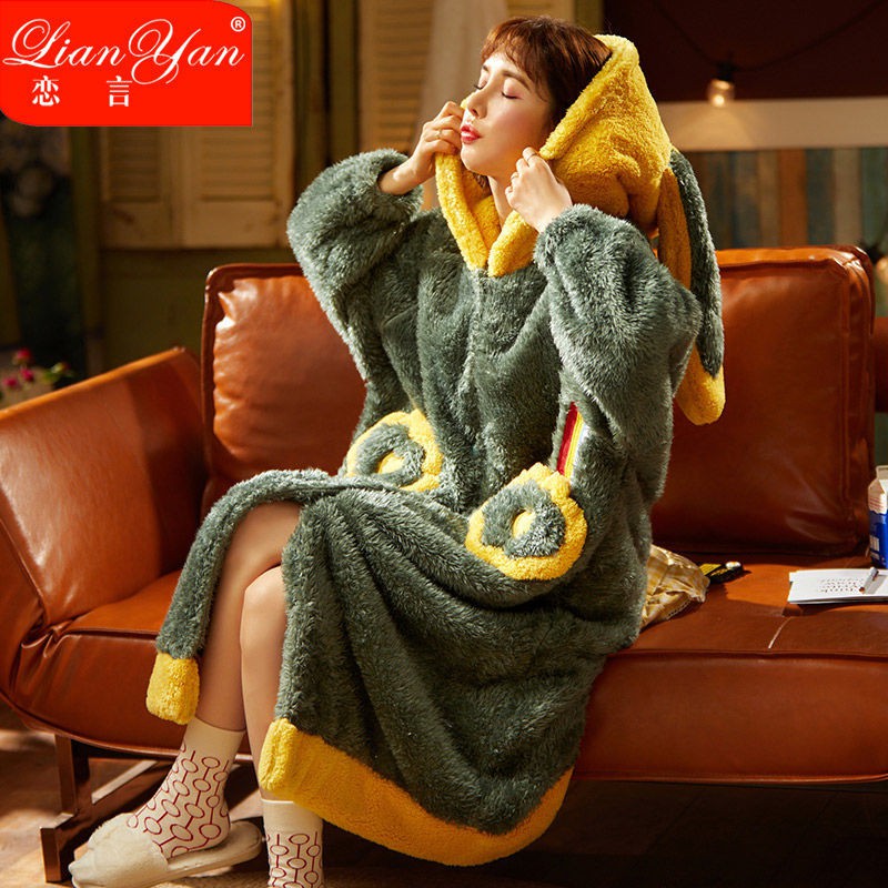 Đồ ngủ & Đồ mặc nhà▥▩Bộ đồ ngủ lông cừu màu san hô dành cho phụ nữ mùa đông sang trọng áo dài flannel dày dặn v