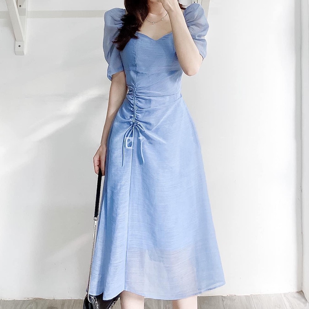 Đầm váy nữ màu xanh midi cổ tim rút dây eo hông chất Voon Tơ 2 lớp xinh đẹp.