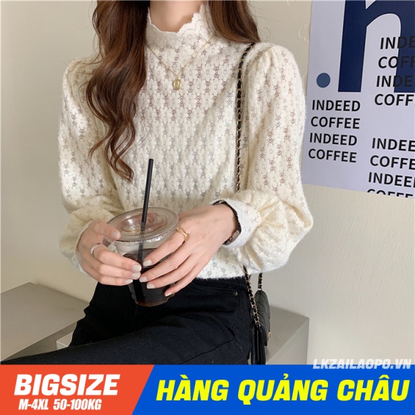 Áo Sơ Mi nữ Bigsize Áo kiểu nữ Tay Dài Cổ Lọ Phối Ren mùa xuân Phong cách Hàn Quốc Thời Trang cá tính xinh đẹp cho người mập béo 45-100kg quảng châu cao cấp
