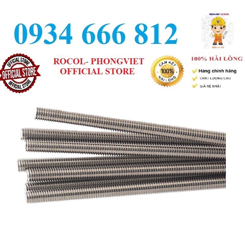 1m Thanh ren inox304 M4, M5, M6, M8, M10,M12