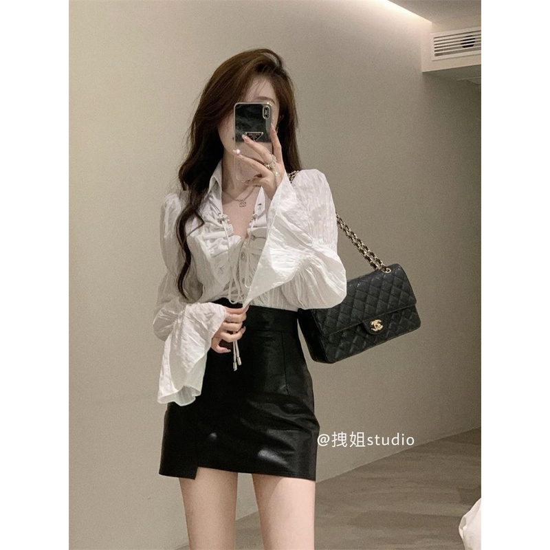 Đầm Da Cổ Chữ v Tay Loe Phối Dây Rút Phong Cách Pháp Thời Trang Mùa Thu Cho Nữ