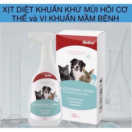 Chai xịt diệt khuẩn cho Chó Mèo Bioline Deodorizing Spray Chai 500ml Làm sạch không gian sống, Giúp thú cưng khỏe mạnh