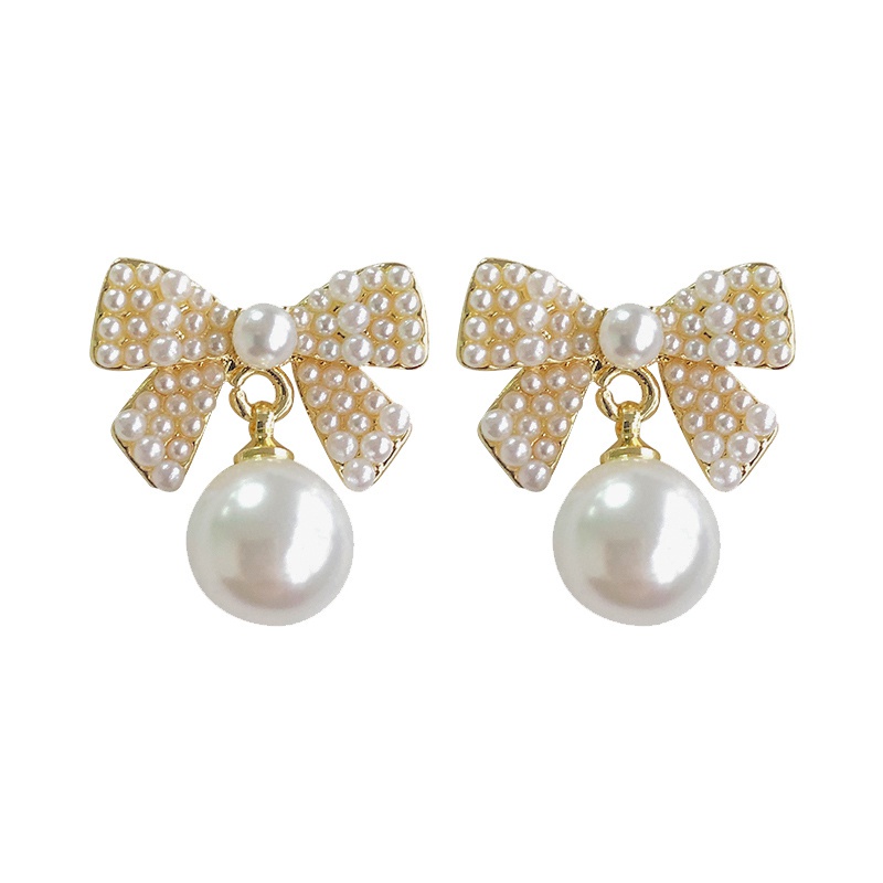 Khuyên tai hình nơ đính ngọc trai kiểu dáng thanh lịch cho nữ