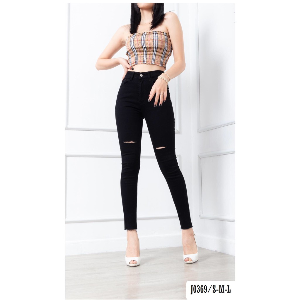 Quần Jean Dài Skinny Màu Đen Rách Gối Lưng Siêu Cao J0369