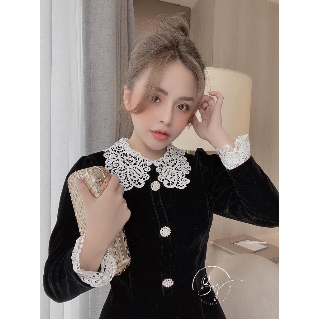 BÁn sỉ váy nhung đen cổ ren tiểu thư