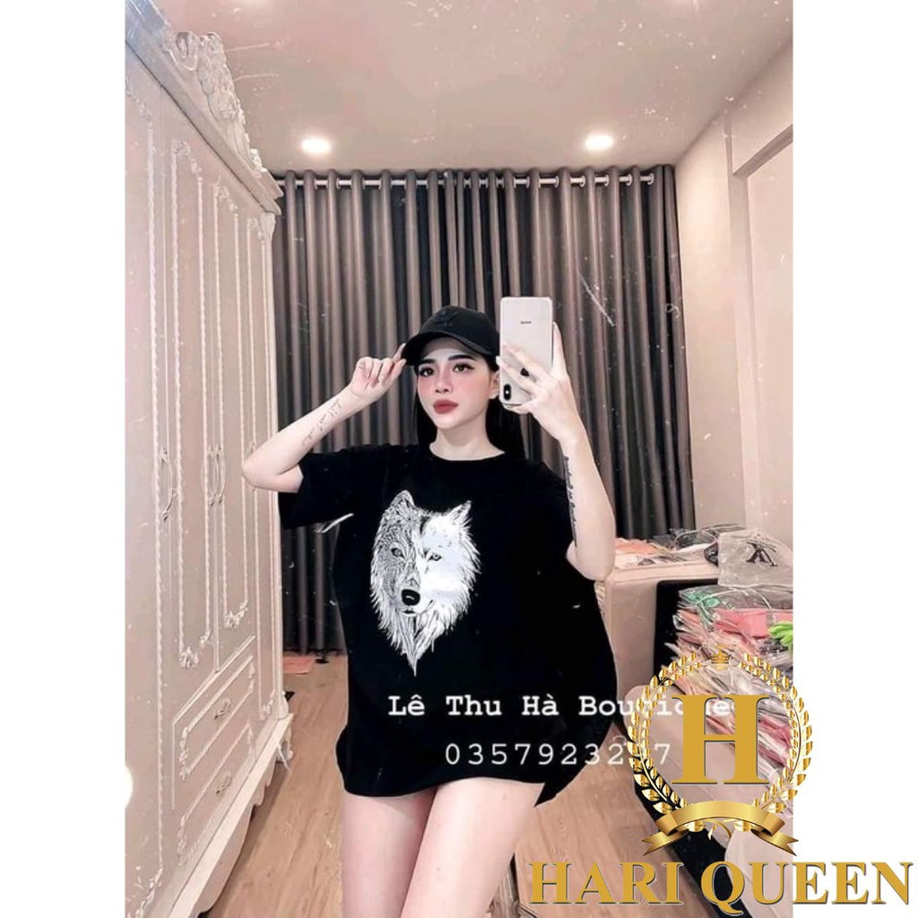 Áo thun tay lỡ mặt sói in to HARIQUEEN áo phông nam nữ unisex form 65kg