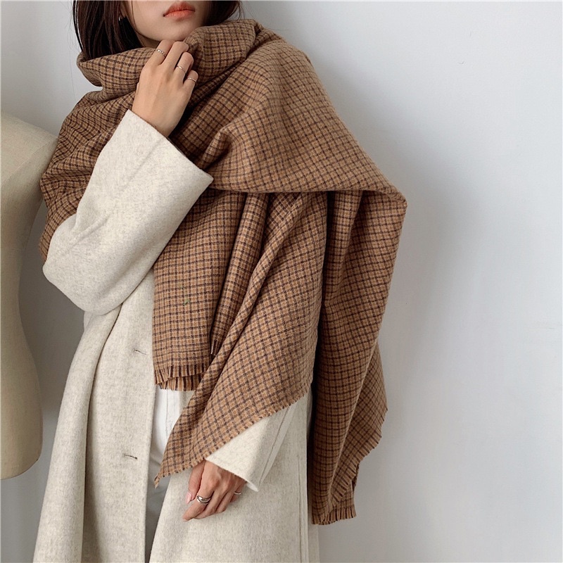 Khăn Quàng Cổ Kẻ Caro Nhỏ Nâu Đen Vintage Unisex Nam Nữ Siêu Rộng