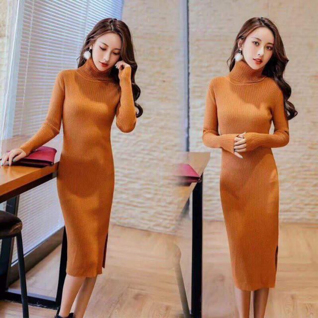 Váy len body cổ cao