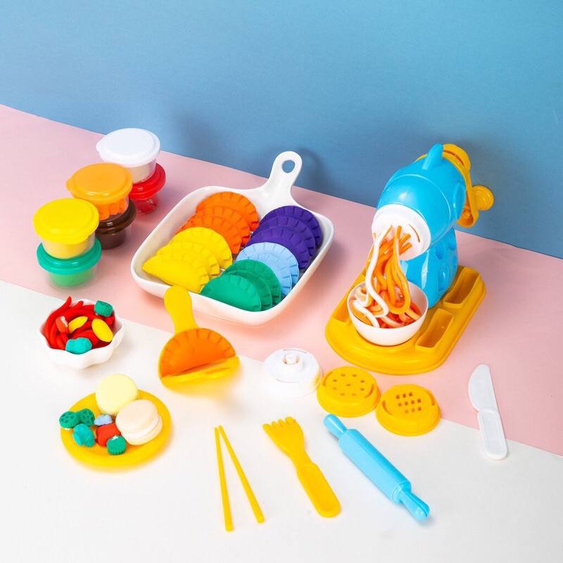 Máy làm mì đất nặn, đất nặn làm spagetti, đồ ăn 6 màu kèm 12 khuôn cho bé chính hãng Deli - 67801