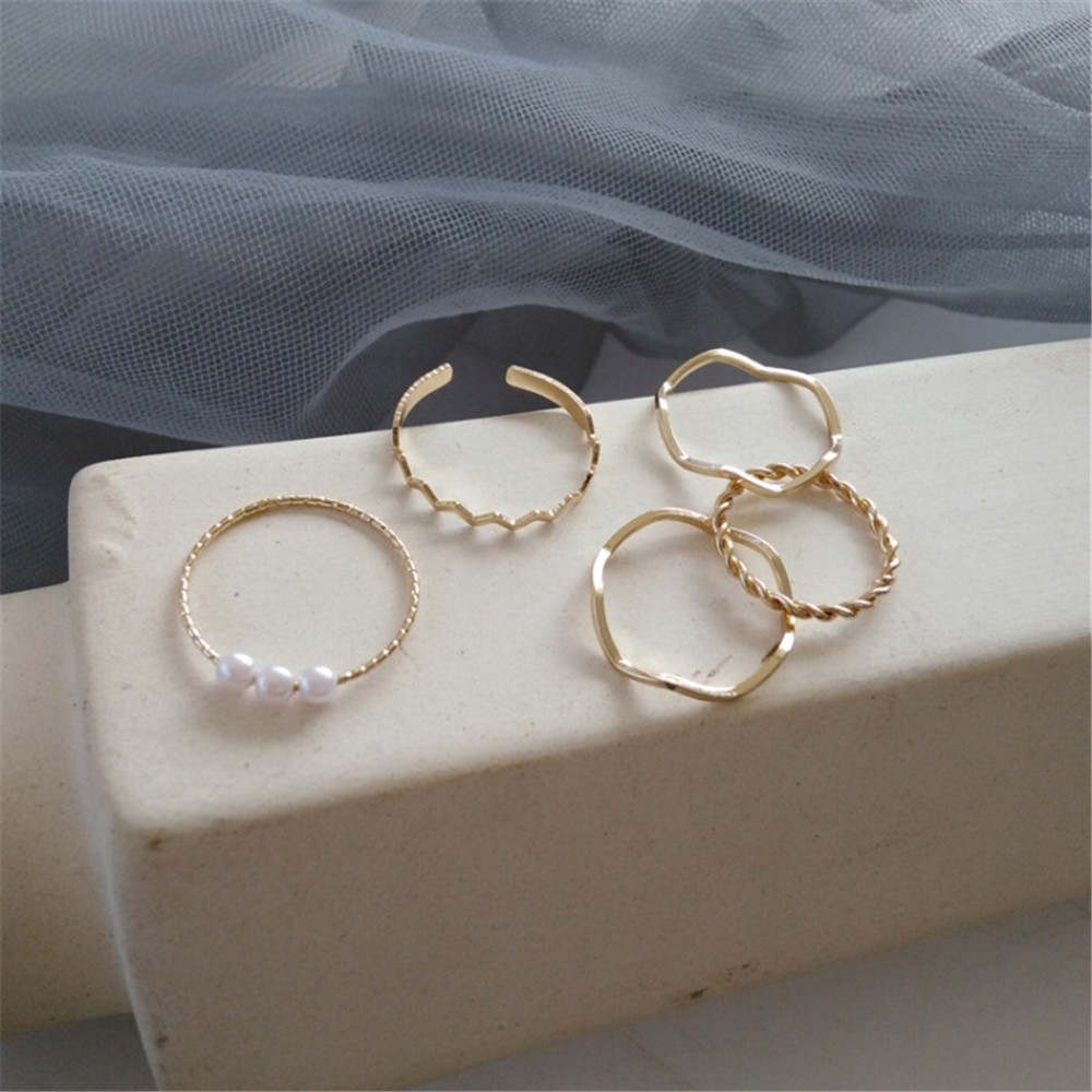 Set 5 Nhẫn Đeo Ngón Tay Đính Ngọc Trai Giả Thời Trang Cho Nữ