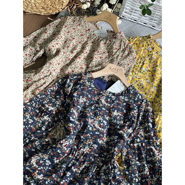 Váy hoa tay dài babydoll QCCC Ulzzang hai lớp xoè