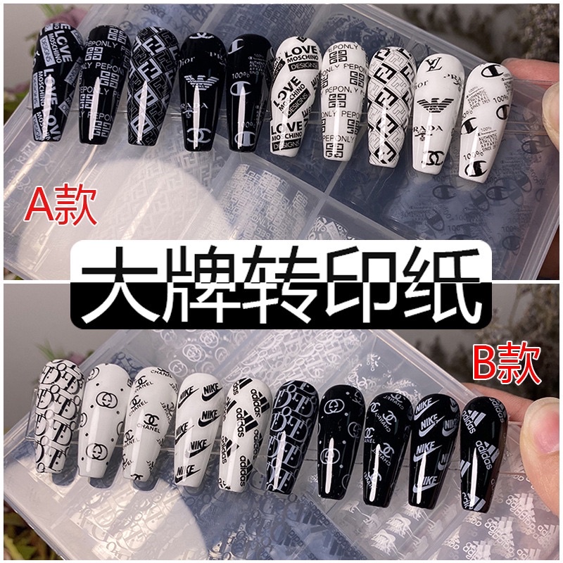 Foil nail hoạ tiết thương hiệu màu trắng, foil dán móng Thiên Di Nail