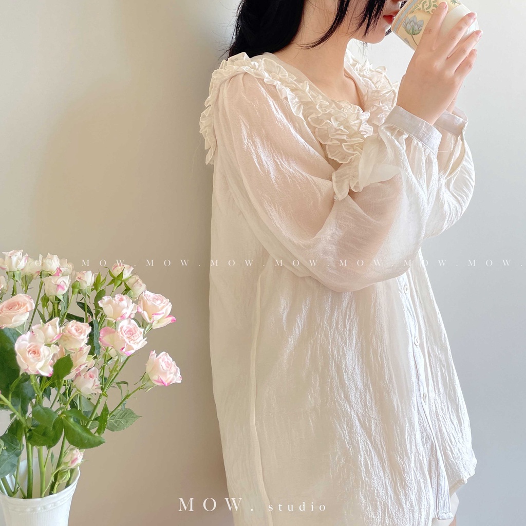 Áo sơ mi cổ viền bèo chất liệu tơ nhăn cao cấp  made by Mow studio