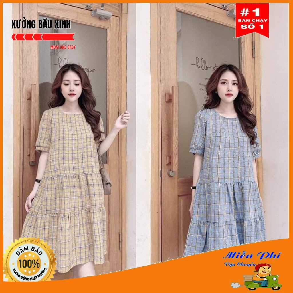 Váy bầu thời trang thiết kế kẻ caro M103 chất Cotton thô freesize từ 45 đến 70kg