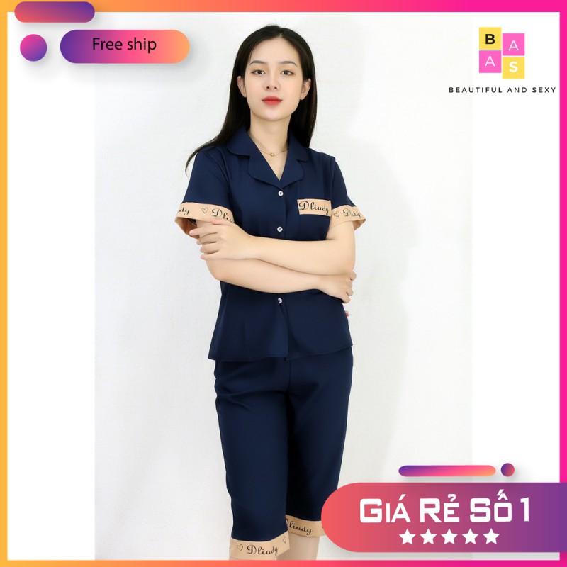 Bộ pijama cộc tay quần đùi phi lụa mát mẻ, bộ đồ ngủ lụa đùi phối họa tiết viền chữ kí BAS087 | BigBuy360 - bigbuy360.vn