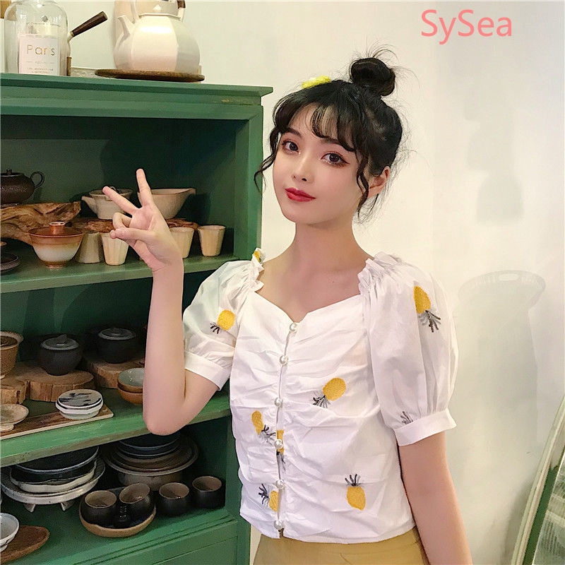 Áo Croptop Tay Ngắn Hoạ Tiết Thêu Ngọt Ngào Cho Nữ