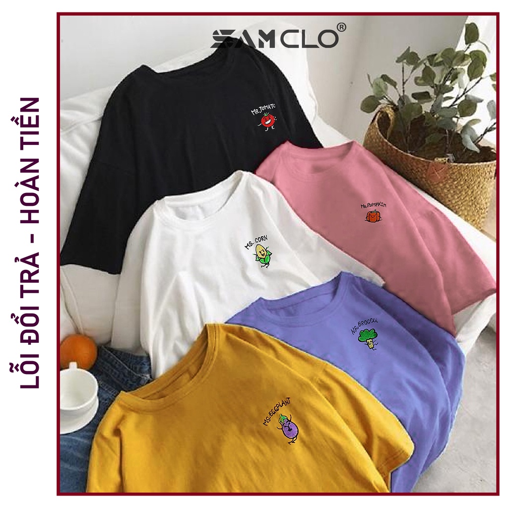 Áo thun nữ tay lỡ SAM CLO freesize - phông form rộng dáng Unisex, mặc lớp, nhóm, cặp, lớp thêu hình rau củ