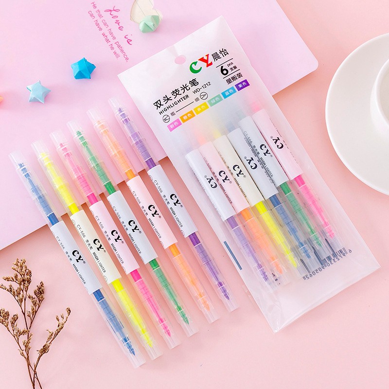 Bút highlight dạ quang pastel 2 đầu nhiều màu tiên dụng set 3 và set 6 bút BMBooks