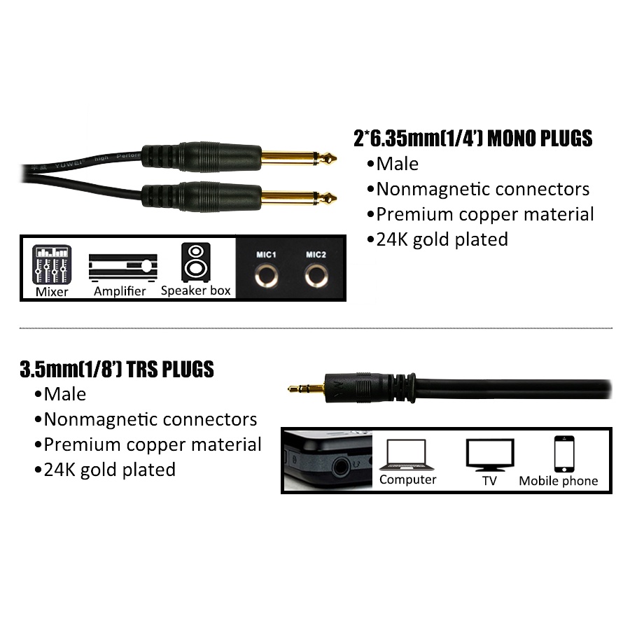 『1.5M/3M/5M/10M』Cáp âm thanh chữ Y đổi đầu 3.5mm 1/4" TRS sang hai đầu 6.35mm 1/8"