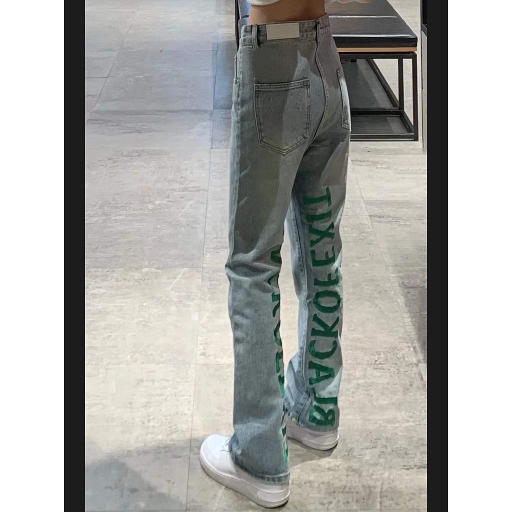 American high street fluorescent embroidery slim micro horn jeans women's fashion hip hop accumulation feeling plus pants fashion
