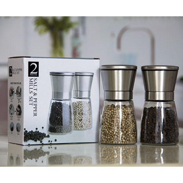Dụng cụ xay và đựng tiêu thủy tinh nắp inox