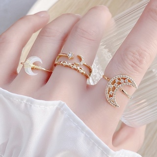 Nhẫn đeo ngón tay dạng hở điều chỉnh được mạ vàng 14K thiết kế mặt trăng và ngôi sao thời trang