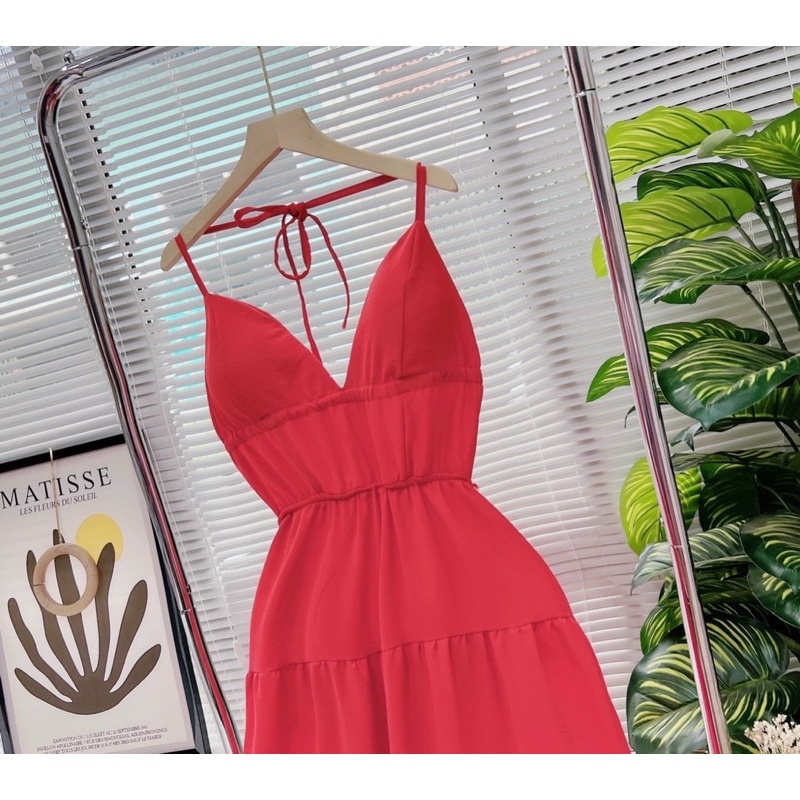 Đầm maxi đũi 2 dây hở lưng / Đỏ / Maxi đi biển, đi chơi