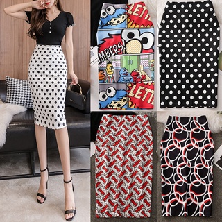 Váy bút chì lưng cao co giãn thời trang nữ váy dài vừa phải in hình váy chấm thường ngày