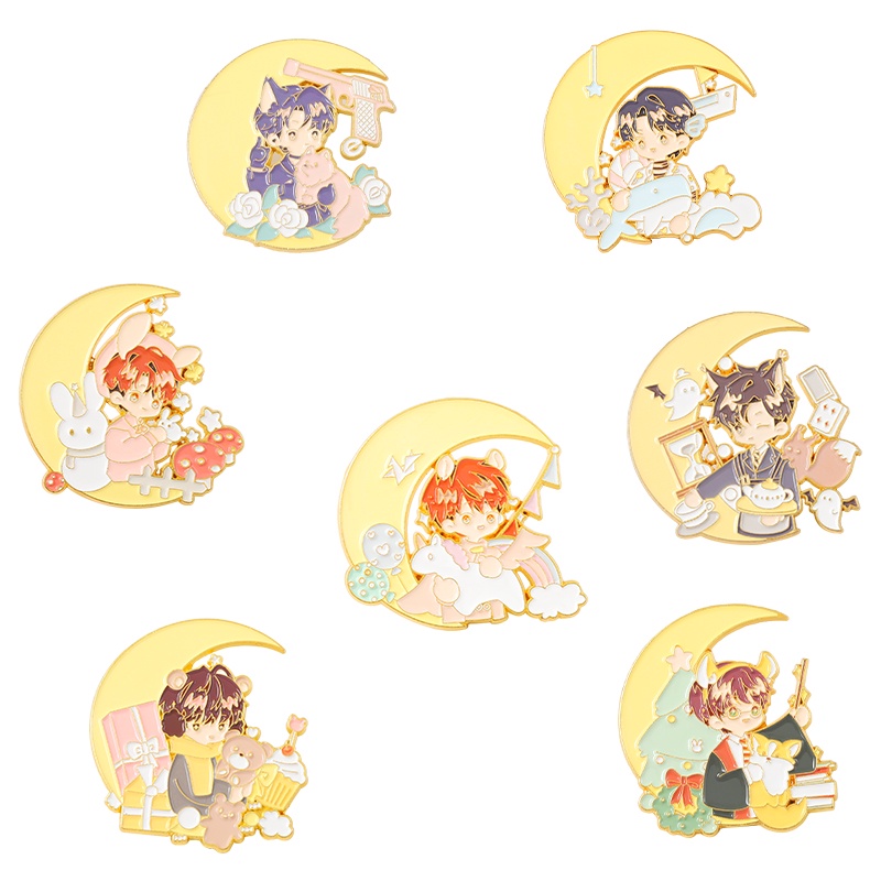 Huy hiệu cài áo QIHE JEWELRY tráng men hình chàng trai hoạt hình 7 kiểu