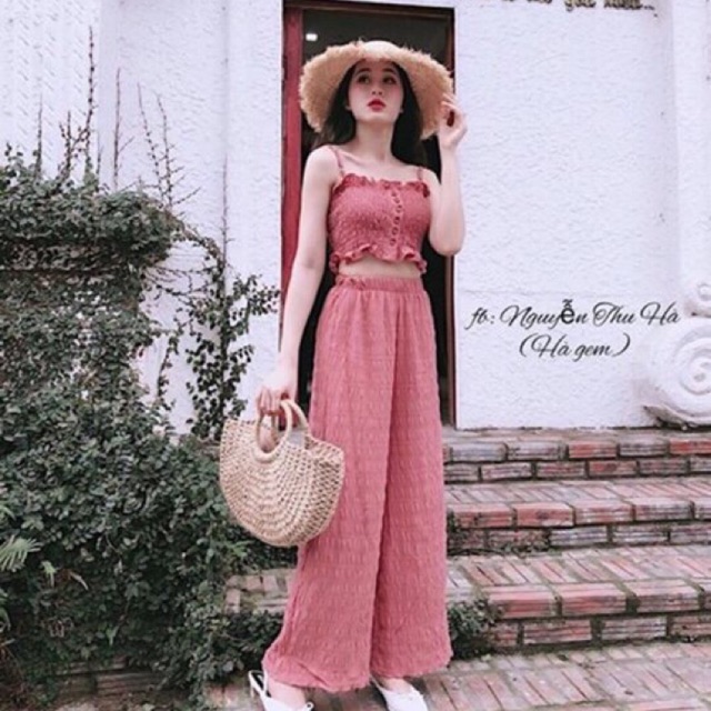 Combo set hồng và váy xếp ly